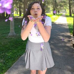 White Ribbed Top and Gray Pleated Skirt